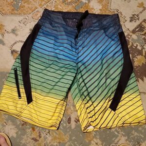 US Apperal Quad X Swim Board Shorts Black Multicolor Striped